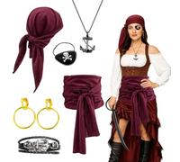 EujRcf 7 Pcs Pirate Costume Accessories Set, Womens Pirate Costume, Headscarf, Belt, Eye Patch, Anchor Necklace, Bracelet, Ring, Earring, For Carnival, Halloween Pirates Party, Cosplay, Masquerade