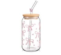 EujRcf Pink Bow Glass Tumbler, 16oz Iced Coffee Cup, Glass Tumbler with Straw and Lid, Bow Cup for Iced Coffee, Bubble Tea, and Cocktails, Elegant Gift for Women