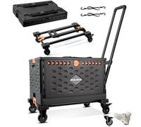 EULANT 2 in1 Foldable Hand Truck with 60L Folding Box & Lid,Utility Transport Trolley Box Cart with 360° Rotating Wheels & 2 Elastic Ropes,Crate on Wheels with Adjustable Handle & Brake