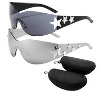 Eulihent 2 Pack Sunglasses Women Men Retro Wrap Around Sunglasses for Y2K sunglasses Trendy Shield Rimless Star Sun Glasses Cool with Case UV400 for Driving Shopping Fishing Outdoor Cycling