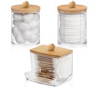 euluoziqing 3 Pcs Cotton Pad Holder, Cotton Wool Bud/Swab/Ball Holder, with Bamboo Lid, Bathroom Qtip Dispenser Jars Canisters, Vanity Cotton Pad Qtips Makeup Storage Organiser Cosmetic Storage Box