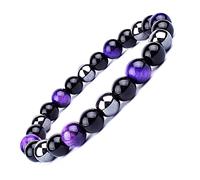 EUMENIDES Tiger's Eye Bracelets，CLASS A QUALITY，Tiger's Eye And Obsidian Magnet Bracelets, Cat'S Eye，Sunshine, Self-Confidence, Release Anxiety (Grade 5A,Purple Tiger Eye,10MM(7.8"))