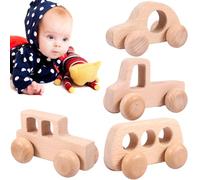 Eummy 4PCS Wooden Toy Cars for Babies Vehicles Sensory Grasping Motor Skill Toy Montessori Cute Wooden Car Toy Natural Beech Wood Baby Push Cars for Boys Girls Toddlers