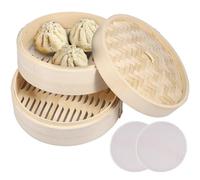 Eummy Bamboo Steamer Basket 10 Inch Dumpling Steamer Chinese Food Steamers with Lid and Steaming Cloth Strong Vegetable Steamer Basket Best for Dim Sum, Vegetables, Meat and Fish(2 Tiers)