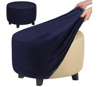 Eummy Round Ottoman Cover High Stretchy Pouffe Soft Plush Round Footstool Washable Elastic Velvet Slipcover Anti-Slip Ottomans Stool Chair Protector (Navy)
