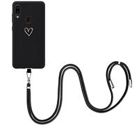 EuoDuo Compatible with Samsung Galaxy A20e Case Neck Phone Holder Detachable Lanyard Strap Black Silicone TPU Shockproof Crossbody Cover Hanging Chain - Gold Love Heart