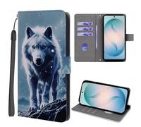 EuoDuo for Realme C21Y / Realme C25Y Case PU Leather Wallet Animal Print Magnetic Flip Folio Cover with Card Holder Shockproof TPU Kickstand Phone Holster - Grey Wolf