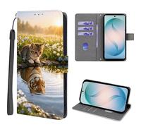 EuoDuo Wallet Case for OPPO A6 Pro 4G / 5G Flip Cover PU Leather 3D Animals Pattern Phone Holster with Magnetic Closure Card Holder - Tiger and Cat