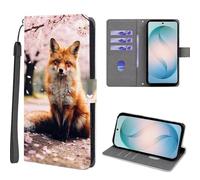 EuoDuo Wallet Case for Realme GT 6 5G / Realme GT 6T 5G Flip Cover PU Leather 3D Animals Pattern Phone Holster with Magnetic Closure Card Holder - Fox Cherry Blossom