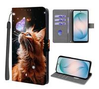 EuoDuo Wallet Case for Realme GT 6 5G / Realme GT 6T 5G Flip Cover PU Leather 3D Animals Pattern Phone Holster with Magnetic Closure Card Holder - Butterfly and Cat