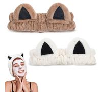 EupHHonycs 2 Packs Cute Cat Spa Headband Cat Ears Headband for Washing Face Makeup Skincare, Makeup Animal Headbands for Women Gifts Soft Coral Fleece Facial Wash Hair Accessories (Beige+ Khaki)