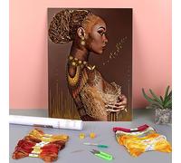 EUPLI African Woman Printed Fabric 11CT Cross Stitch Set DIY Embroidery Threads Needlework Handmade Handicraft Knitting Needle,30 * 40cm