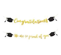 EUPSIIU 1 pcs We are so Proud of You Banner, 1 pcs Congratulations Banner, Graduation Garland with Graduation Cap, for Graduation Baby Shower Retirement Engagement Party, Graduation Party (Gold)