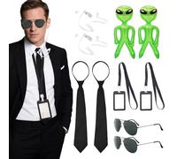 EUPSIIU 12 Pack Secret Agent Costume Accessories Set,Spy Costume Accessories with Sunglasses Tie Inflatable Props Green Aliens Card Holder Fake Earpiece ID Card Prop for Halloween Party Props (Black)