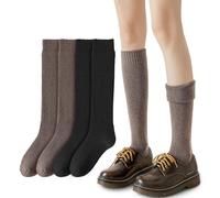 EUPSIIU 2 Pairs Knit Stockings Socks for Women Girls, Warm Winter Thermal Socks, Fall Boot Long Slouch Sock, Ladies Knee High Socks Long Thick Socks (UK, Alpha, One Size, Regular, Regular, 2 Colors)