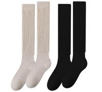 EUPSIIU 2 Pairs Knit Women's Slouch Sock, Long Fluffy Socks Knee High Boot Slouchy Scrunch Socks For Woman Girls, Cotton Extra Long Scrunch Knee High Socks for Fall Winter, One Size (Cotton, 2 Colors)