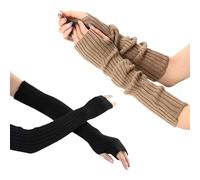 EUPSIIU 2 Pairs Winter Arm Warmers Gloves, Long Fingerless Gloves Mittens, Knitted Mittens Wrist Cuff with Thumb Hole, Gothic Hand Cover for Jogging Bicycling Skiing Office Typing (Black, Khaki)