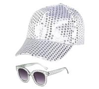 EUPSIIU 2 PCS 70s Disco Hat Set Disco Costume Set with Sequined Square Bling Sunglasses,Sequin Hat, 1970s Disco Costume,Silver Disco Hat 70s Disco Accessories,for Party Birthday Dance (2 PCS)