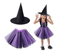 EUPSIIU 2 Pcs Kids Witch Costume, Fairy Tutu Skirts & Hat, Magic Fancy Dress With Witch Hat & Tutu Dress, for 3-10y Girls Carnival & Halloween Cosplay (Purple, Black)