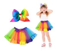 EUPSIIU 2 Pcs Rainbow Tutu Skirts, Layered Tulle Ballet Skirts for Girls, Neon Dance Dress with Hairbow, One Size