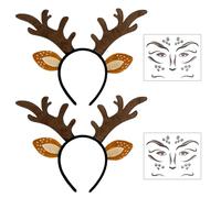 EUPSIIU 2 Pcs Reindeer Headband + 2 Pcs Deer Face Tattoo, Deer Antlers Horns Deer Ears, Antler Headband, Women's Costume, Halloween, Carnival, Christmas, Elves Party for Christmas Favours (Brown)
