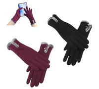 EUPSIIU 2 Pcs Women's Winter Warm Touch Screen Soft Warm Lined Thick Full Finger Windproof Gloves for Outdoor Sports, Driving (Wine Red, Black, One Size)