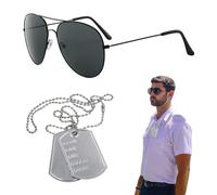 EUPSIIU 2 Pieces Aviators Glasses Pilot Fancy Dress Sunglasses and Dog Tag Solider Military Army Costume Aviators Accessories for Men Women Adults Cosplay Dress up Party Theme Halloween(Black)