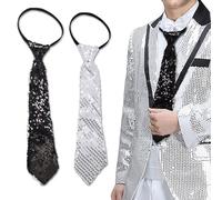 EUPSIIU 2 Pieces Glitter Sequin Tie for Men, Adjustable Sparkly Neck Tie, Men's Women Elastic Neck Tie for Adults Kids Cocktail Hen Wedding Party Costume Fancy Dress Stage Dance Show (Black, Silver)