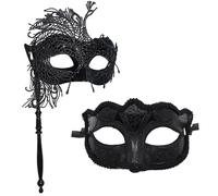 EUPSIIU 2 Pieces Masquerade Mask with Stick, Women Venetian Lace Mask, Mardi Gras Mask, Ladies Halloween Mask, Carnival Masquerade Eye Mask for Women Girls Costume Party Masks Fancy Dress (2PCS)