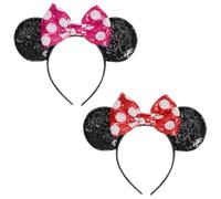 EUPSIIU 2 Pieces Mouse Ears Headband, Sparkly Bow Mouse Ears Headwear for Adult Kids, Shiny Cosplay Party Headband for Girls Women, Fancy Dress Costume Head Band Christmas (2 Colours)