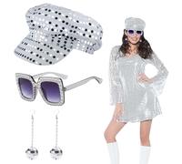 EUPSIIU 3-Piece 70s Disco Hat Set - Silver Glitter Abba Sequin Hats with Earrings & Sunglasses - Retro Disco Fancy Dress for Women & Girls