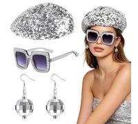 EUPSIIU 3 Pieces 70s Silver Disco Hat for Adult Disco Costume Glitter Abba Sequin Beret Hat Earrings Square Bling Sunglasses Retro Fancy Dress Up for Women Theme Halloween Party (Silver)