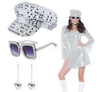 EUPSIIU 3 Pieces 70s Silver Disco Hat for Adults, Disco Costume with Glitter Abba Sequin Hat Earrings Square Bling Sunglasses Retro Fancy Dress Up for WomenTheme Party (Silver)
