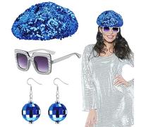 EUPSIIU 3 Pieces Disco Abba Costume, Blue Disco Glitter Hat for Women Girl, Sequin Beret Hat Earrings Square Bling Sunglasses, 70s 80s Disco Abba Fancy Dress Up for Adults Theme Party Halloween (Blue)