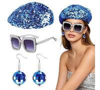 EUPSIIU 3 Pieces Disco Abba Costume, Blue Disco Glitter Hat for Women, Sequin Beret Hat Earrings Square Bling Sunglasses, 70s 80s Disco Abba Fancy Dress Up for Adults Theme Party Halloween (Blue)