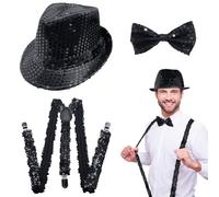 EUPSIIU 3 Pieces Jazz Dance Hat Performance Costume Jazz Sequins Hat Suspenders Braces Bow Tie 70s Disco Costume for Aldult Hip-Hop Glitter for Fancy Dress Dance Theme Party Stage Show (Black)
