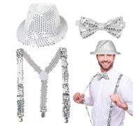 EUPSIIU 3 Pieces Jazz Dance Hat Performance Jazz Sequins Hat Suspenders Braces Bow Tie, 70s Disco Costume for Aldult Hip-Hop Glitter for Fancy Dress Dance Theme Party Stage ShowShow