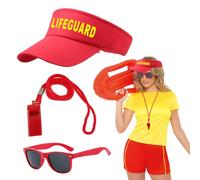 EUPSIIU 3 Pieces Lifeguard Costume Set Include Lifeguard Hat and Guard Whistle Sunglasses, Lifeguard Accessories Red Adjustable Sunscreen Hats Fancy Dress Hat for Adults Men Women Pool Party (2PCS)