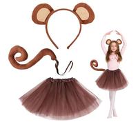 EUPSIIU 3 Pieces Monkey Costume Animals Ears and Tail, Monkey Ears Headband and Monkey Long Tail Princess Tutu, Mouse Bear Animal Costume for Girls Kids Dress Up Halloween Carnival Cosplay (Monkey)