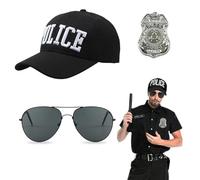 EUPSIIU 3 Pieces Police Costume Adult Kids Police Baseball Hat Sunglasses Cuffs Badge Halloween Cop Fancy Dress Hat Role Play Cosplay Party Embroidery Hats Unisex Police Cap Festival Costumes (Black)