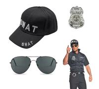 EUPSIIU 3 Pieces Swat Costume Adult Kids Swat Baseball Hat Sunglasses Cuffs Badge Halloween Cop Fancy Dress Hat Role Play Cosplay Party Embroidery Hats Unisex Police Cap Festival Costumes(Black)