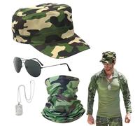 EUPSIIU 4 Pieces Army Camouflage Fancy Dress Set Solider Military Cosplay Costume Pilot Aviators With Hat Camouflage Neck Warmer Sunglasses Dog Tag for Adults Party Dress up Halloween (Army)