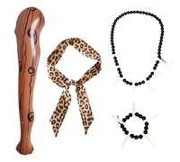 EUPSIIU 4 Pieces Caveman Costume Accessories Adult Kids, Cave Club Wild Inflatable Wooden Stick Leopard Headband Ivory Bracelet Necklace, Inflatable Mace Cheering Prop for Stone Age Themed (4PCS)