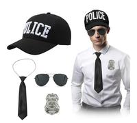 EUPSIIU 4 Pieces Police Costume For Adult, Police Baseball Cap Cuffs Badge Black Tie Sunglasses Halloween Cop Fancy Dress Cosplay Embroidery Hats Unisex Costumes Headwear (Black)