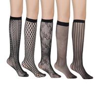 EUPSIIU 5 Pairs Women Black Ultra Thin Stay Up Knee High Socks Fishnet Stockings,Women's Stay Up Knee High Patterned Trouser Socks Fishnet Stockings,Fishnet Hold up Stockings,One Size (Nylon, Black)