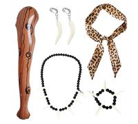 EUPSIIU 5 Pieces Wild Caveman Costumes Inflatable Mace Leopard Headband Ivory Bracelet necklace Earrings Cave Costume accessories Prop Caveman Stick for Stone age Halloween Costumes (5 pcs)