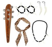 EUPSIIU 6 Pieces Wild Caveman Costumes Inflatable Mace Leopard Headband Ivory Bracelet necklace Earrings Prop Caveman Stick for Stone age Halloween Costumes Cave Costume accessories (6 pcs)