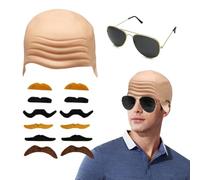 EUPSIIU Bald Caps for Adults Men Women Costume Accessory Makeup Bald Head Wig Cap Costume Set Bald Cap Sunglasses Fake Moustache, Bald Skin Bald Head Skull Wig Cap Famous Rapper Fancy Dress (3PCS)