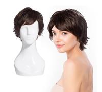 EUPSIIU Layered Short Ladies Wigs, Synthetic Short Hair Wig with Bangs, Pixie Cut Wigs for Daily Party Costume (Dark Brown)