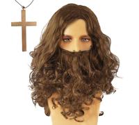 EUPSIIU Mens Wigs Brown Long Curly Wig Moustache and Crossing Necklace, Adult Cosplay Halloween Costume Brown Wig Beard Fancy Dress Costume Curly Fake Wizard Wig Christmas Cosplay Party Wig (Brown)